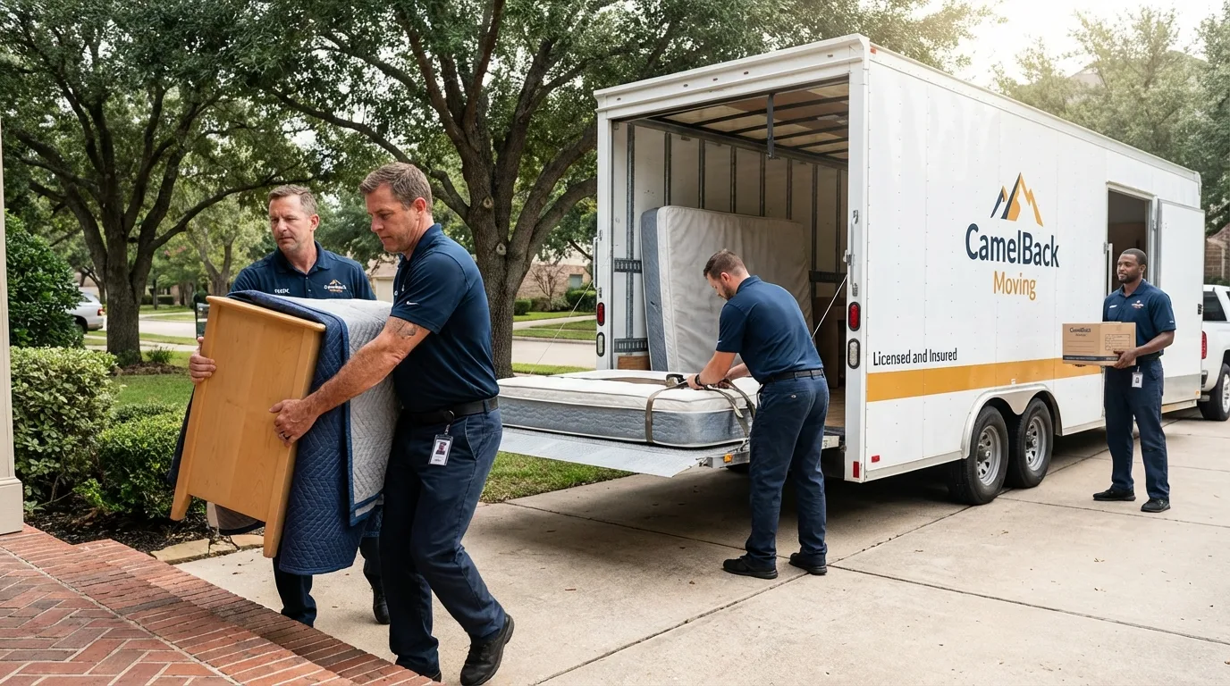 Crew loading residential truck for cross-state move from Medfield, MA