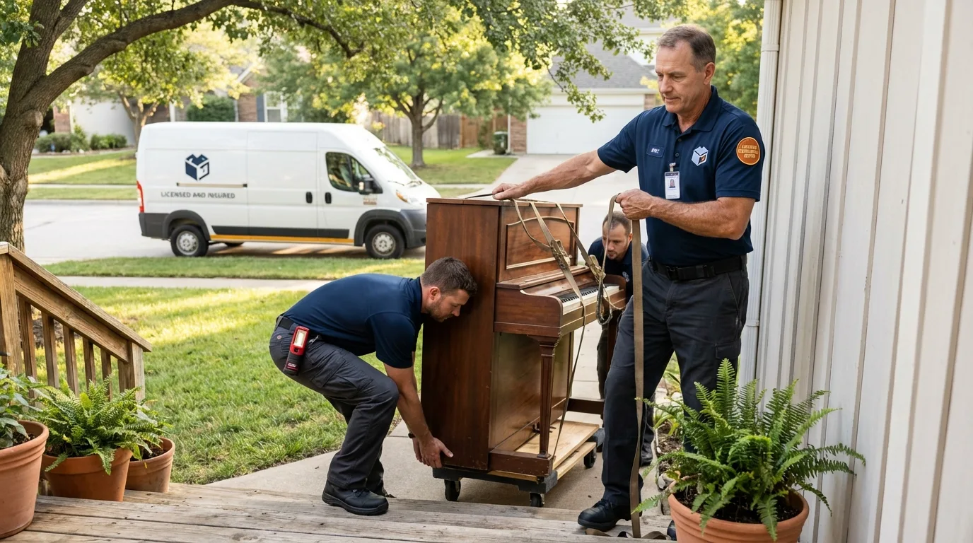 Licensed piano movers securing grand piano in Medfield, MA