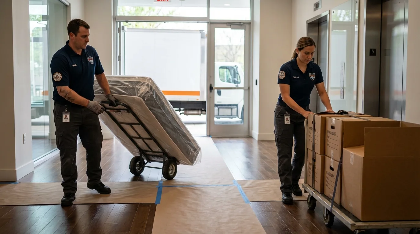 Professional apartment movers loading elevator in Medfield, MA