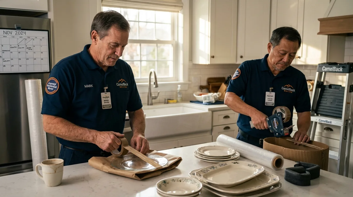 Professional crew packing kitchen dishware in Medfield, MA
